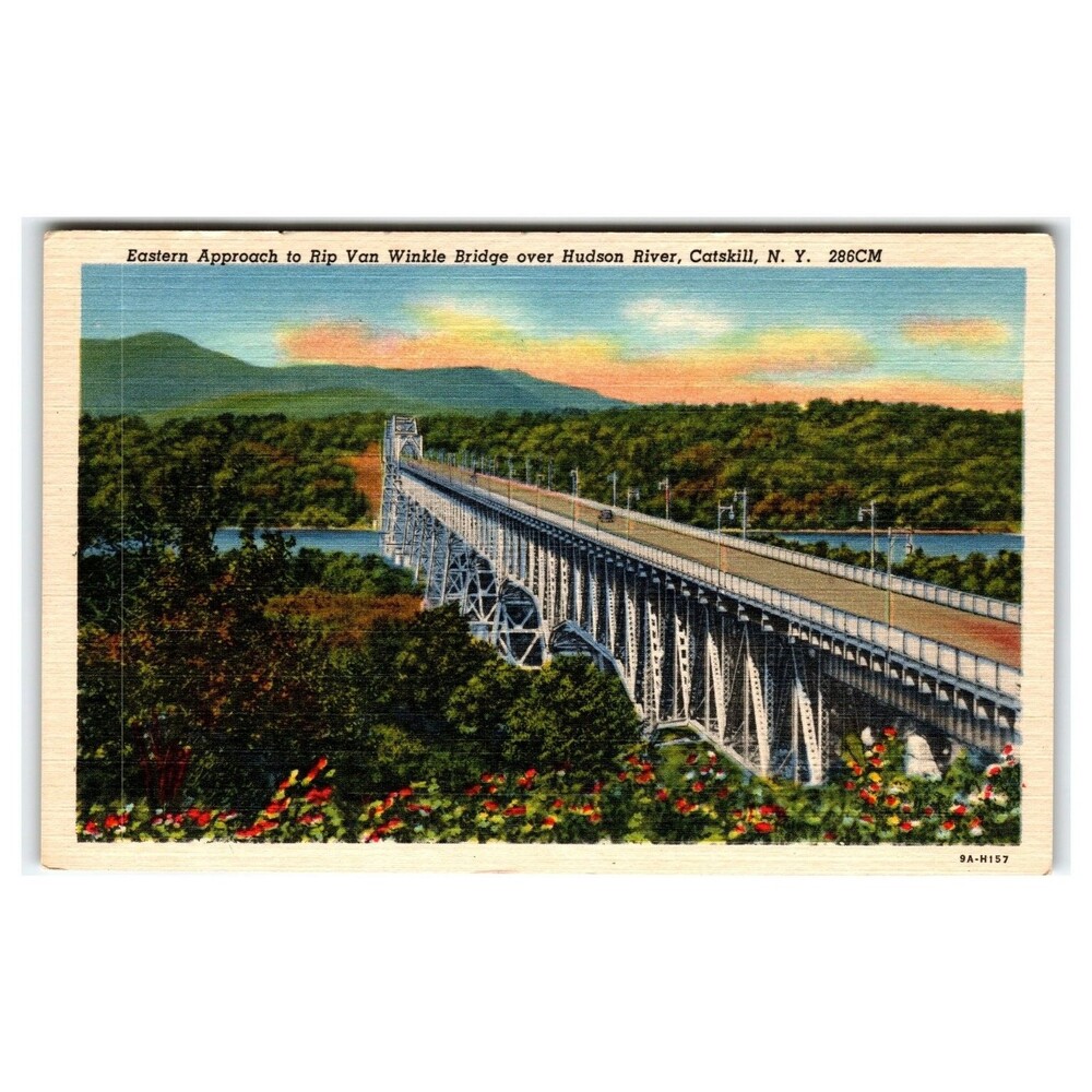 Rip Van Winkle Bridge Hudson River Catskill NY Linen Postcard 1939 Curteich